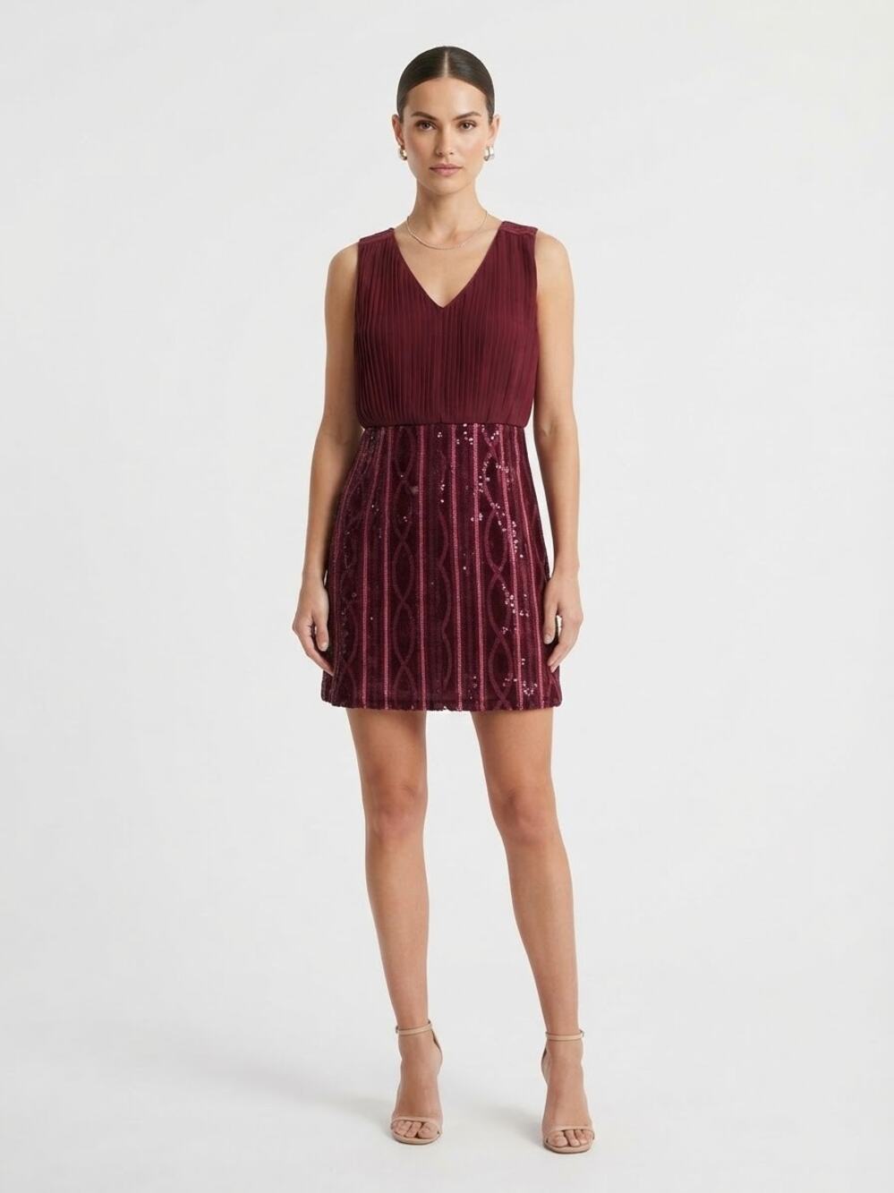 Moon Maroon Mini Dress Sequin Bodice Sleeveless Fit and Flare Size M Cocktail
